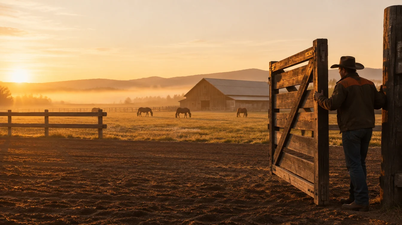 A person opening a wooden ranch gate at sunrise, with horses grazing near a barn.