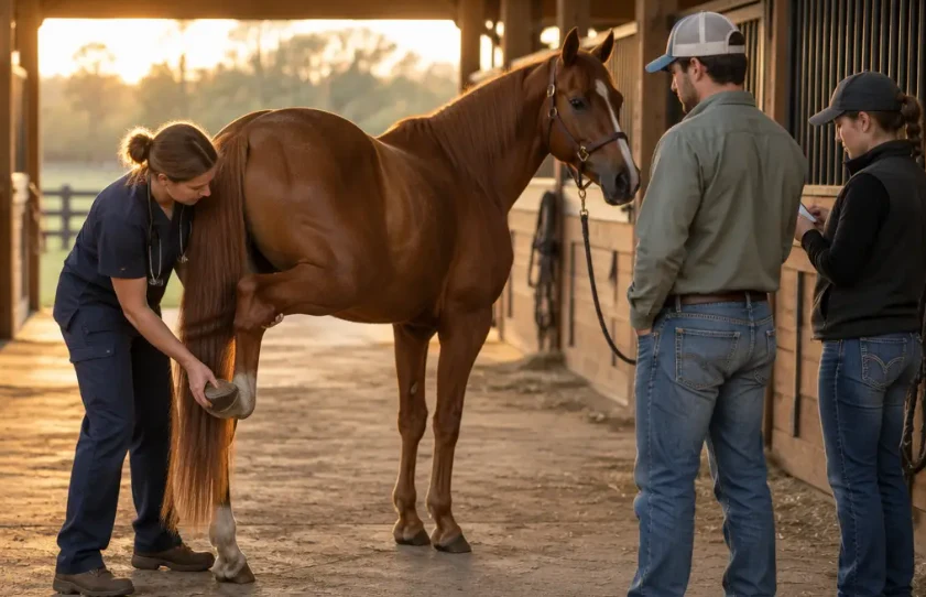A veterinarian examining a horse's hoof with two people nearby in a stable.