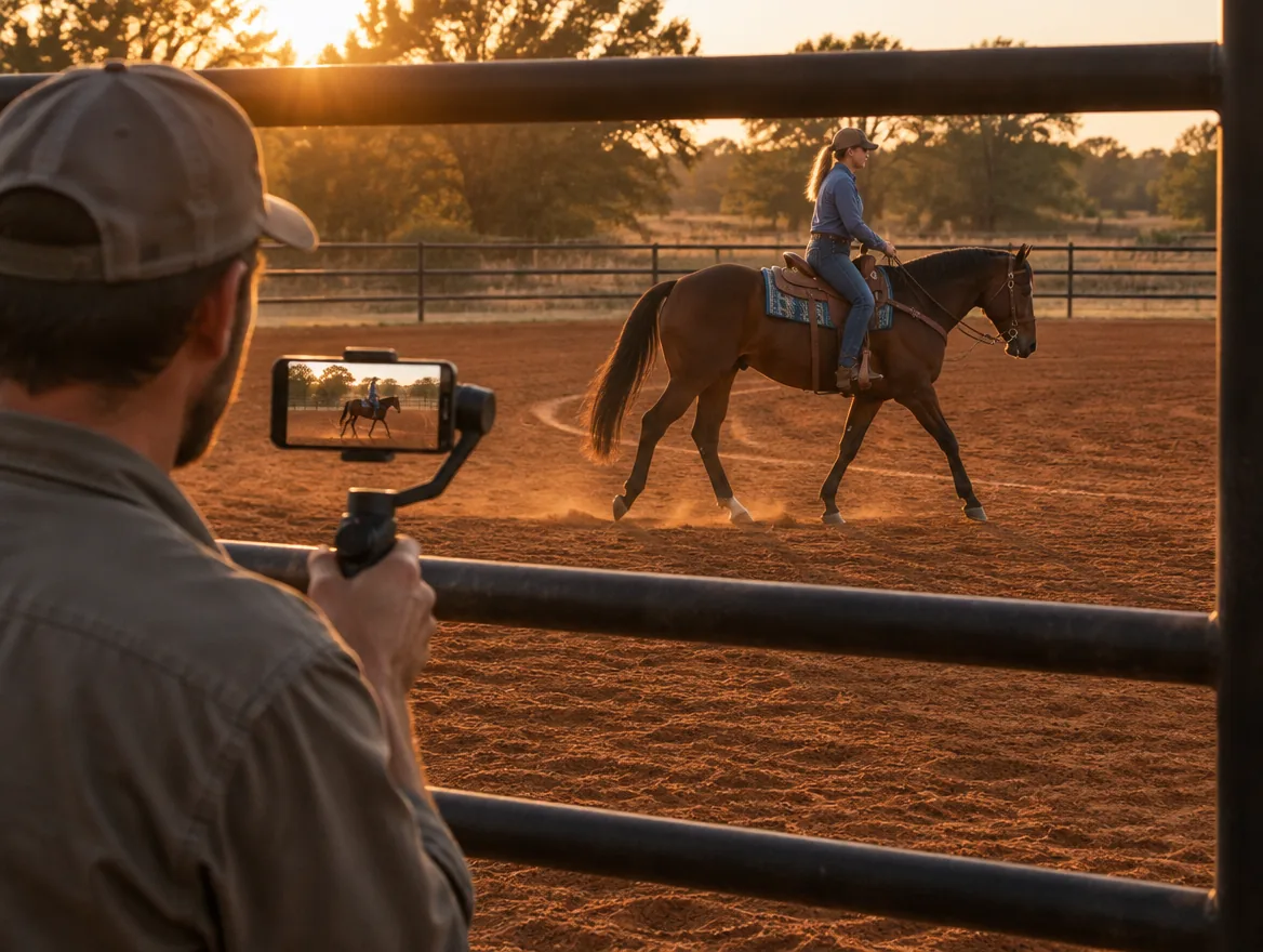 A person using a phone on a stabilizer to film a bay horse and rider through an arena fence.
