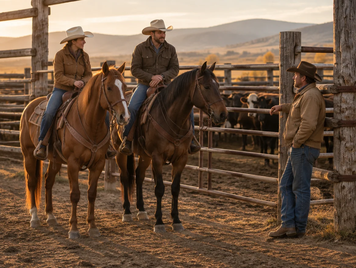 Two western riders talking with a person beside a fenced cattle pen.
